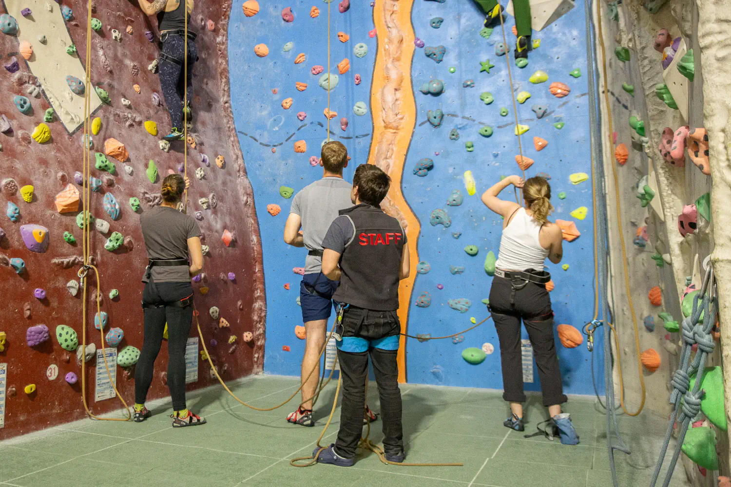 A group of people learning how to belay with an instructor